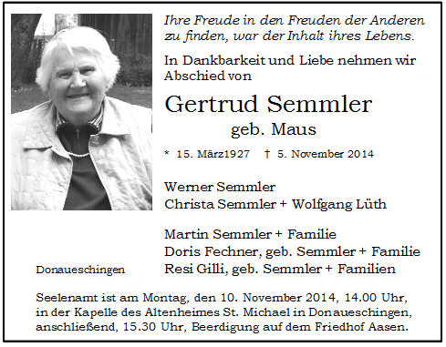 Todesanzeige für Gertrud Semmler